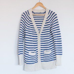 Blue & White Striped Thick Knit Cardigan Sweater